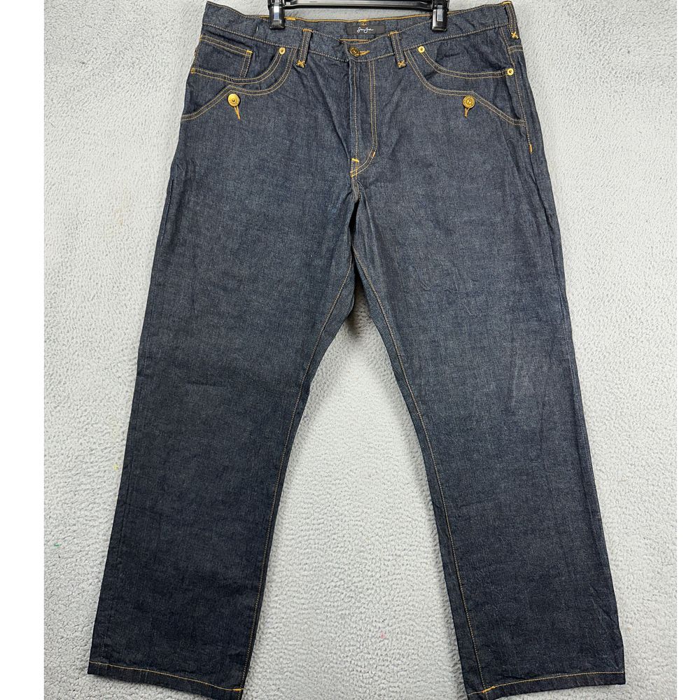 Sean John Y2k Baggy Straight Jeans Mens 42 Blue Gold Buttons Flap Pockets Denim